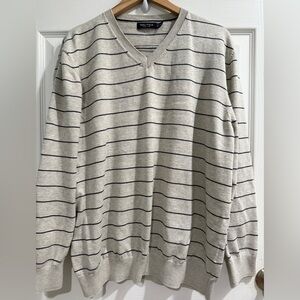 Nautica Men's Gray Navy Striped Nautical V-Neck Sweater Yacht Sailing all Cotton